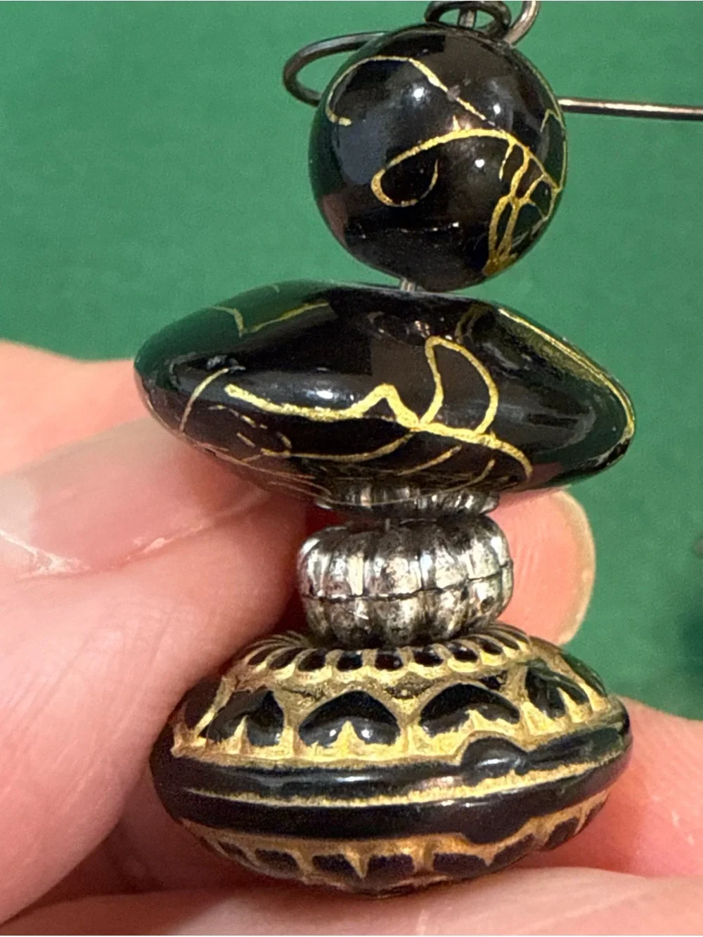 VTG Etched Gold W/With Black Bead Earrings Bohemian Style.  55C